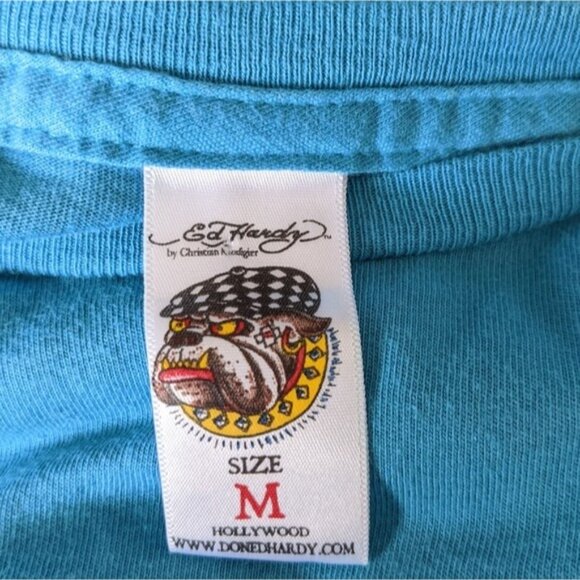 Vintage Ed Hardy Crystal Skull Long Sleeve Tee M Blue Red Roses Y2K Tattoo Style - Picture 5 of 7